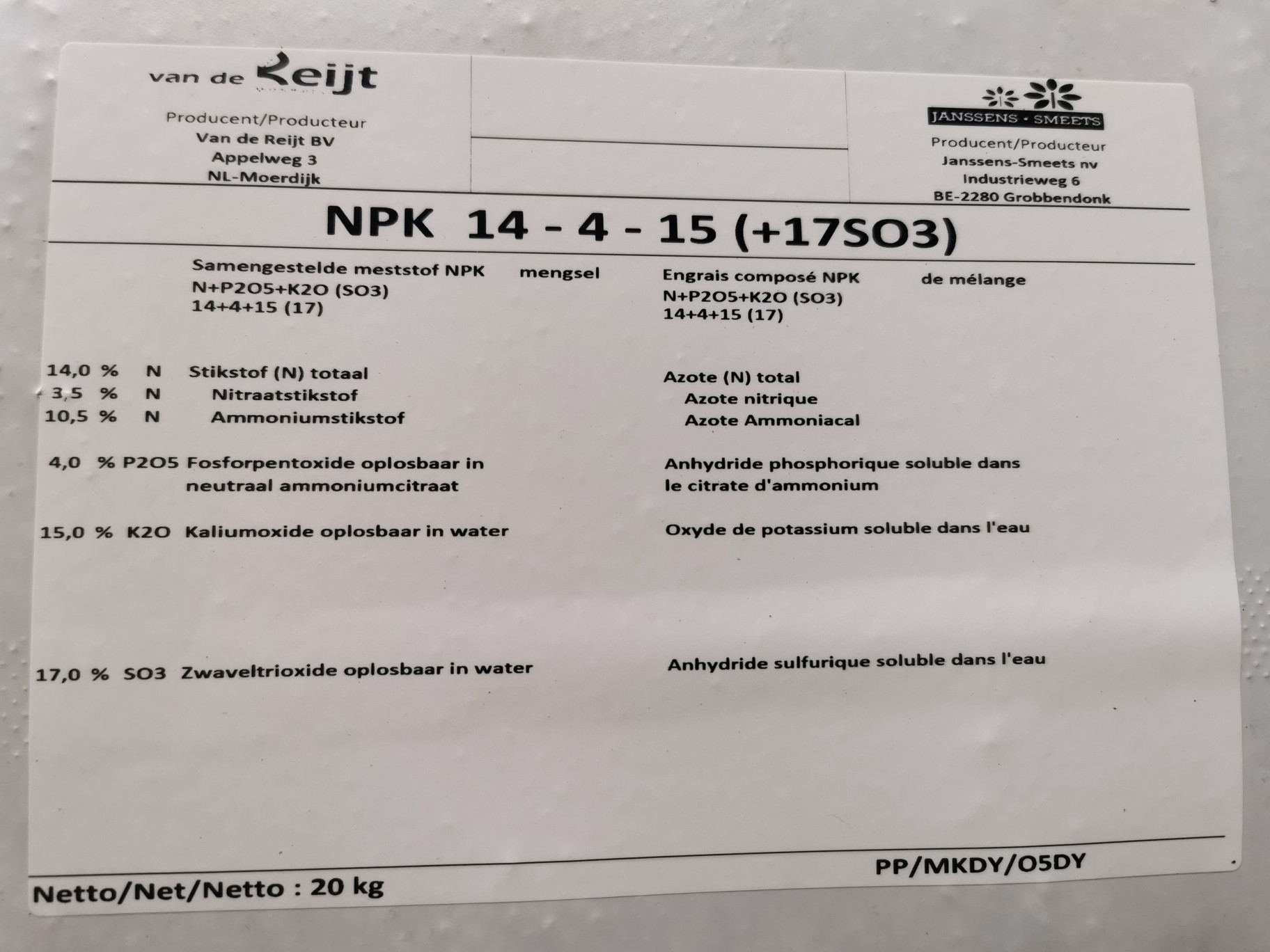 Afbeelding van Meststof Graan NPK 14-4-15 (+2)+28 So3 - 20kg