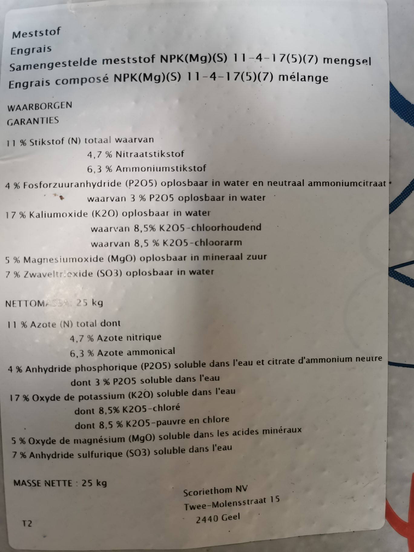 Afbeelding van Meststof Tuin/Fruit NPK 11-4-17+4MgO - 25kg