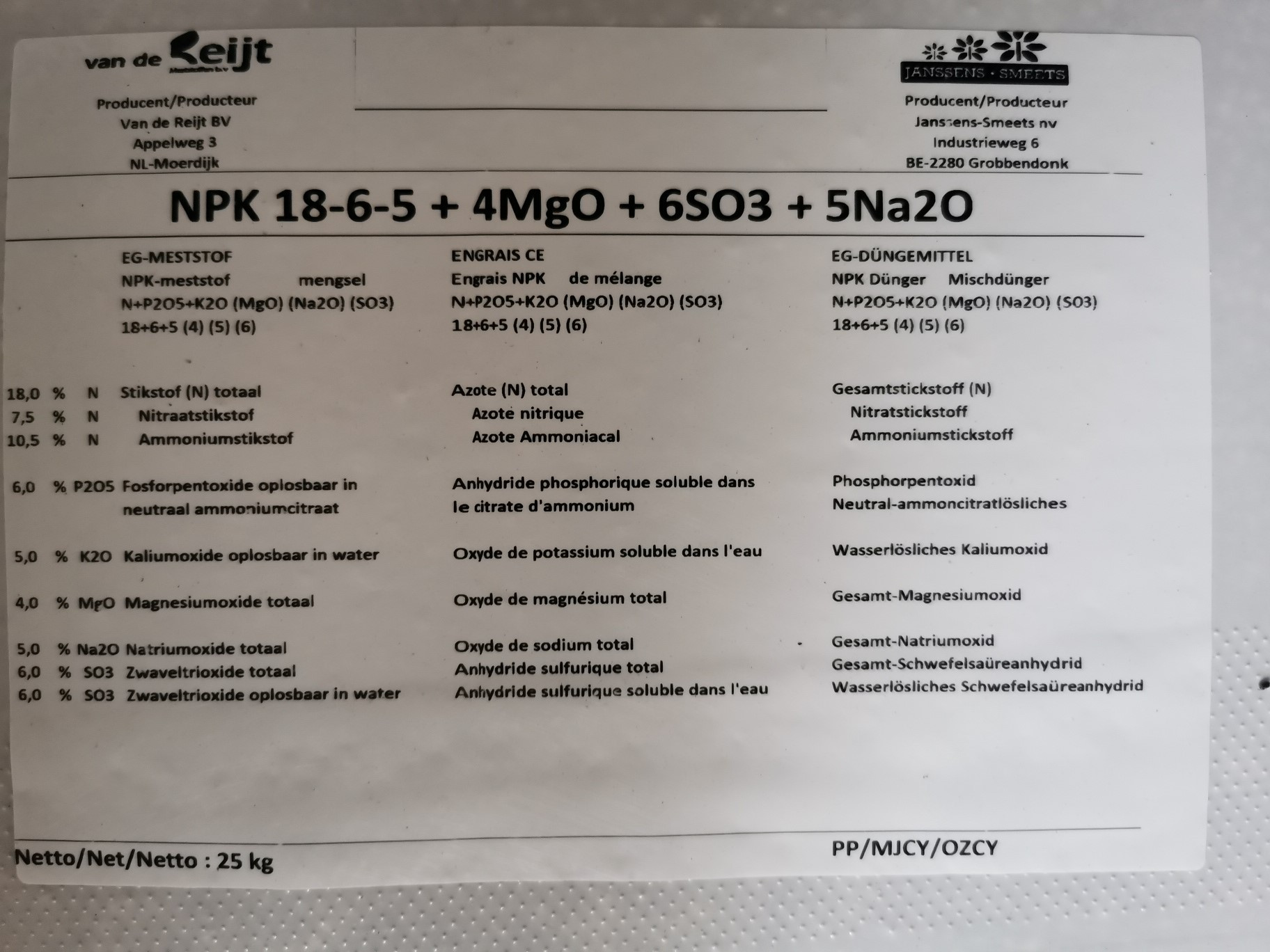 Afbeelding van Meststof NPK 18-6-5+4MgO - hooi - 25kg
